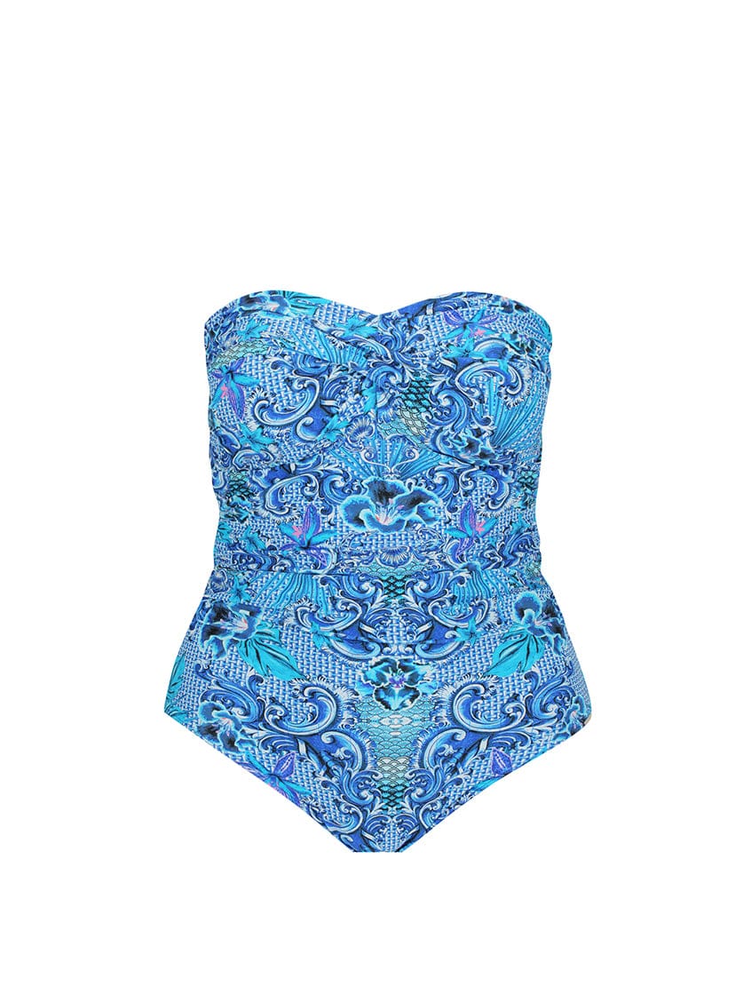 Blue patterned strapless swimsuit on a white background