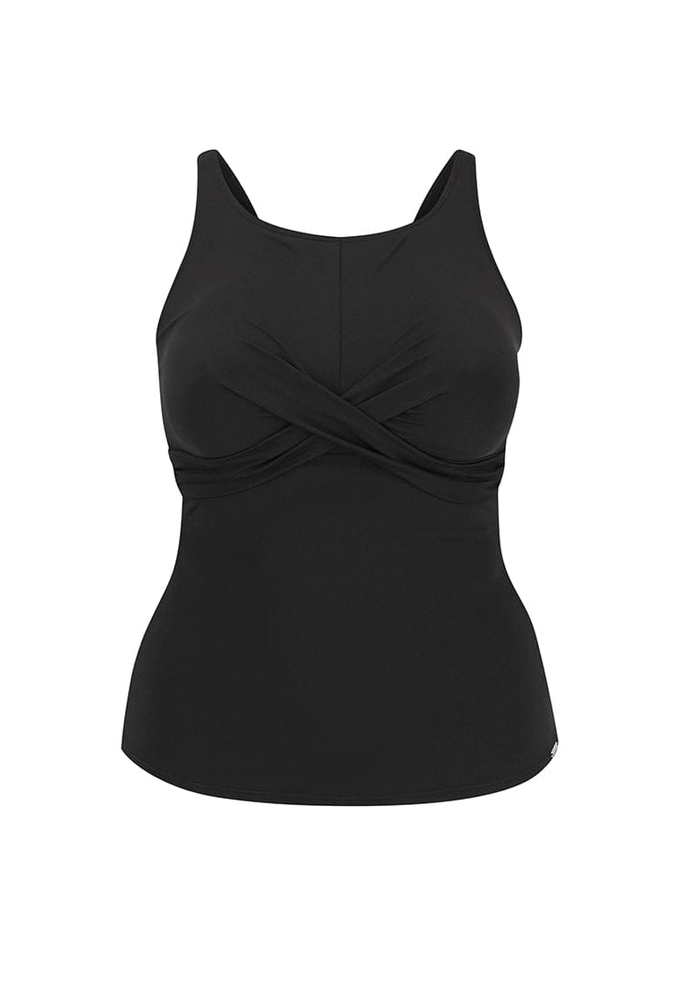 Black tank top with a twisted design on a white background