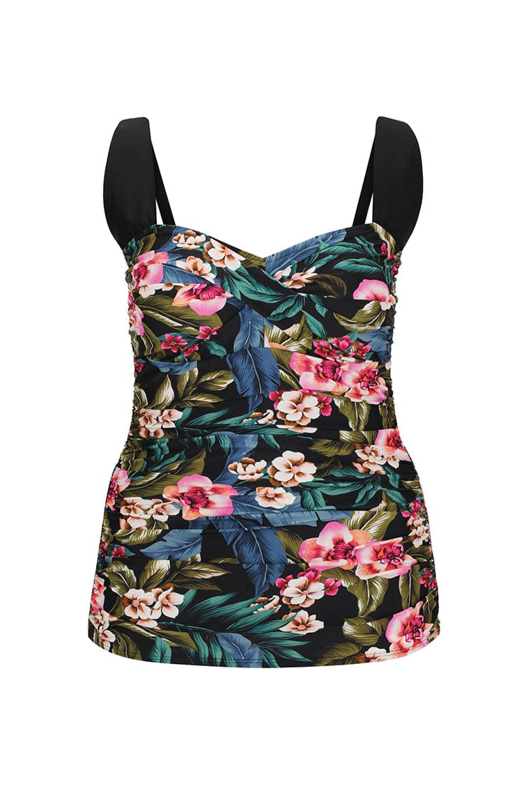 Floral tank top with black straps on a white background