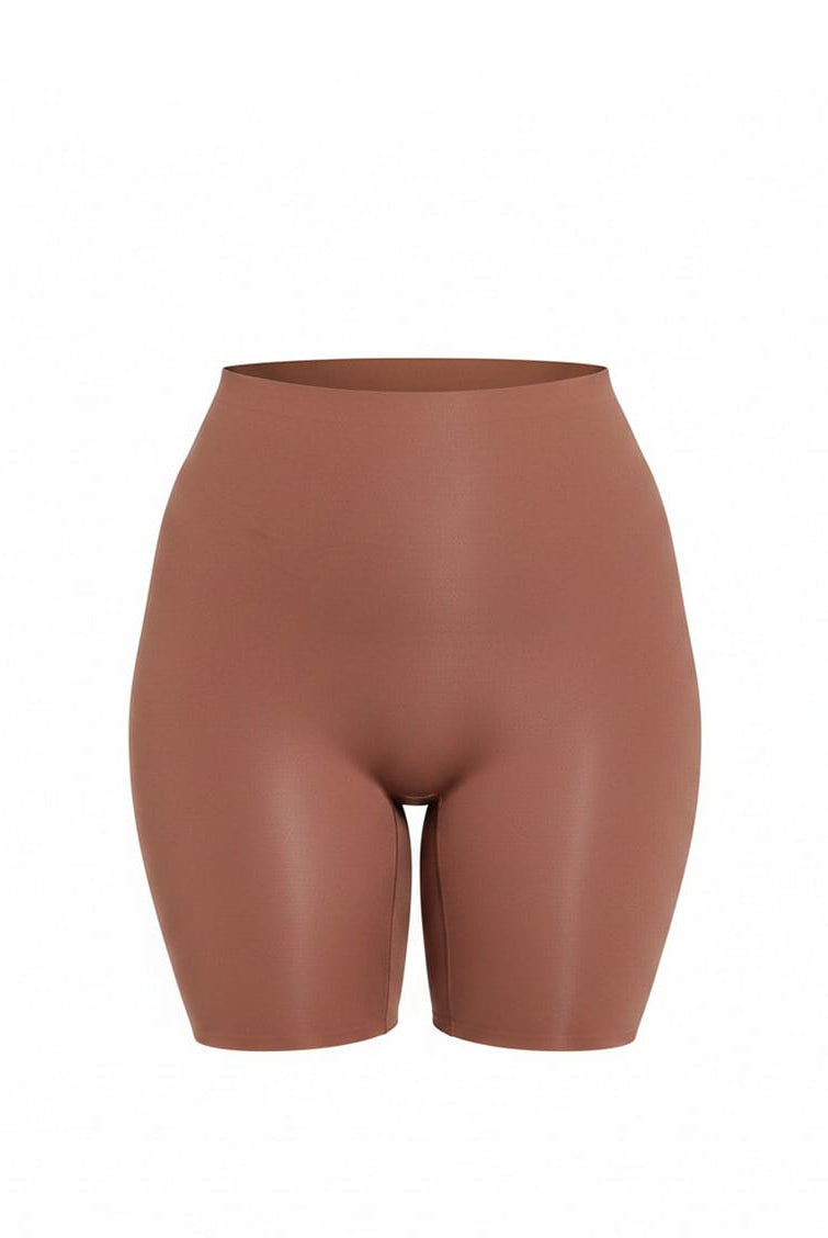 Brown high-waisted shorts on a white background