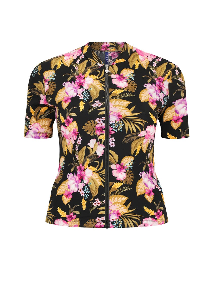 Ghost mannequin of short sleeve short vest in tropical floral print