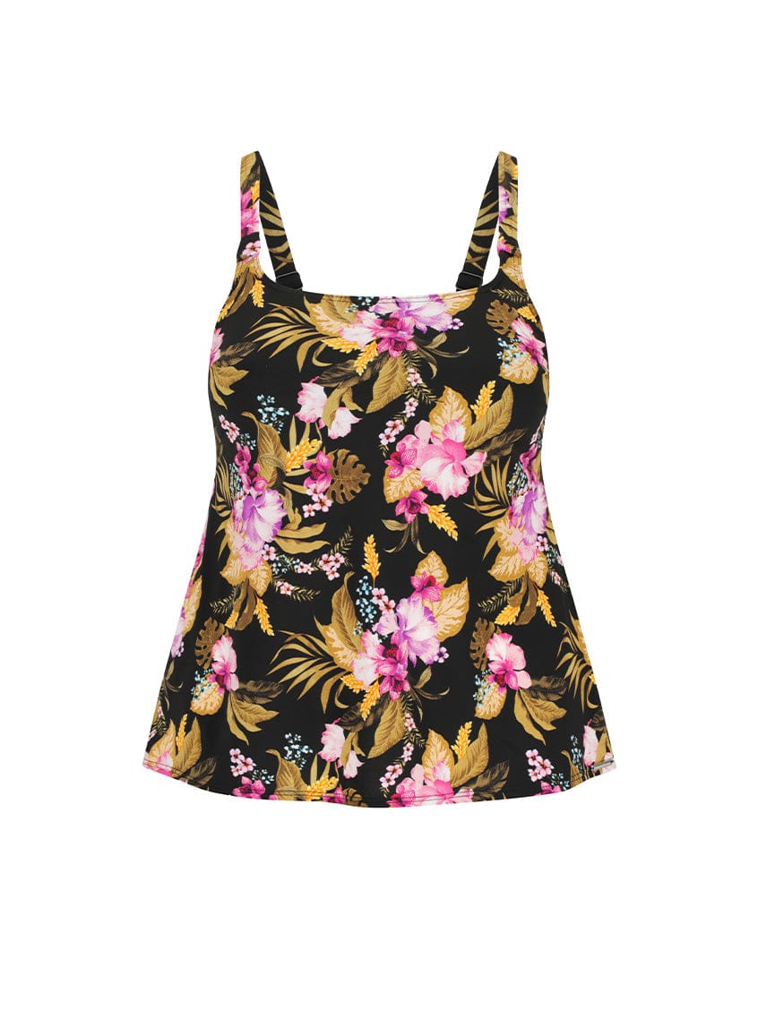 Ghost mannequin of pink and gold floral square neck tankini top