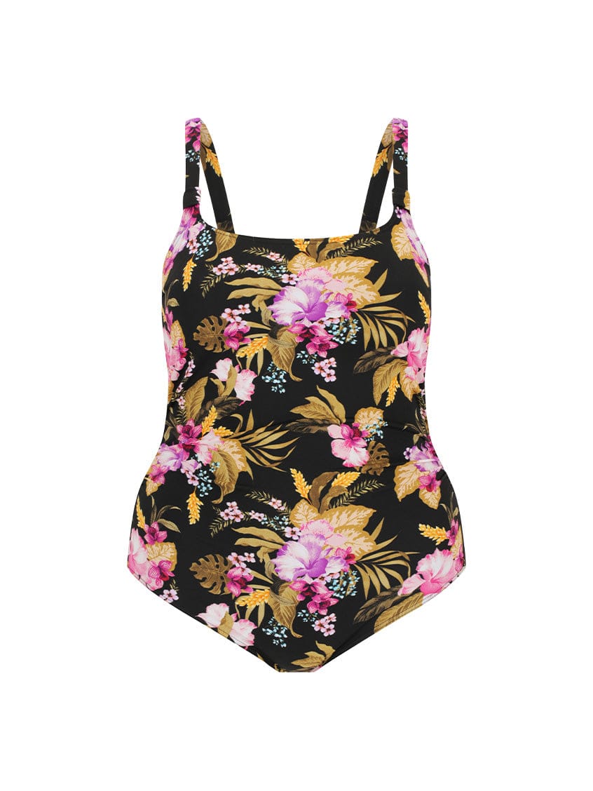 Ghost mannequin of tropical floral chlorine resistant one piece swimsuit
