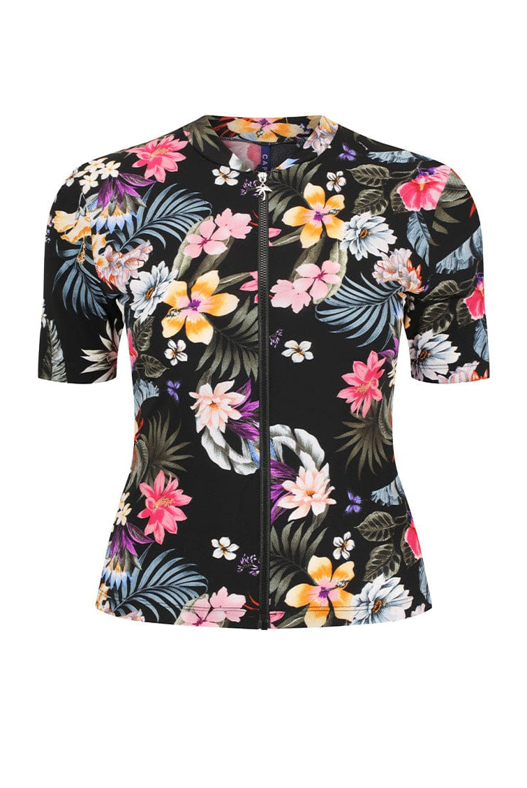 black floral short sleeve rash vest