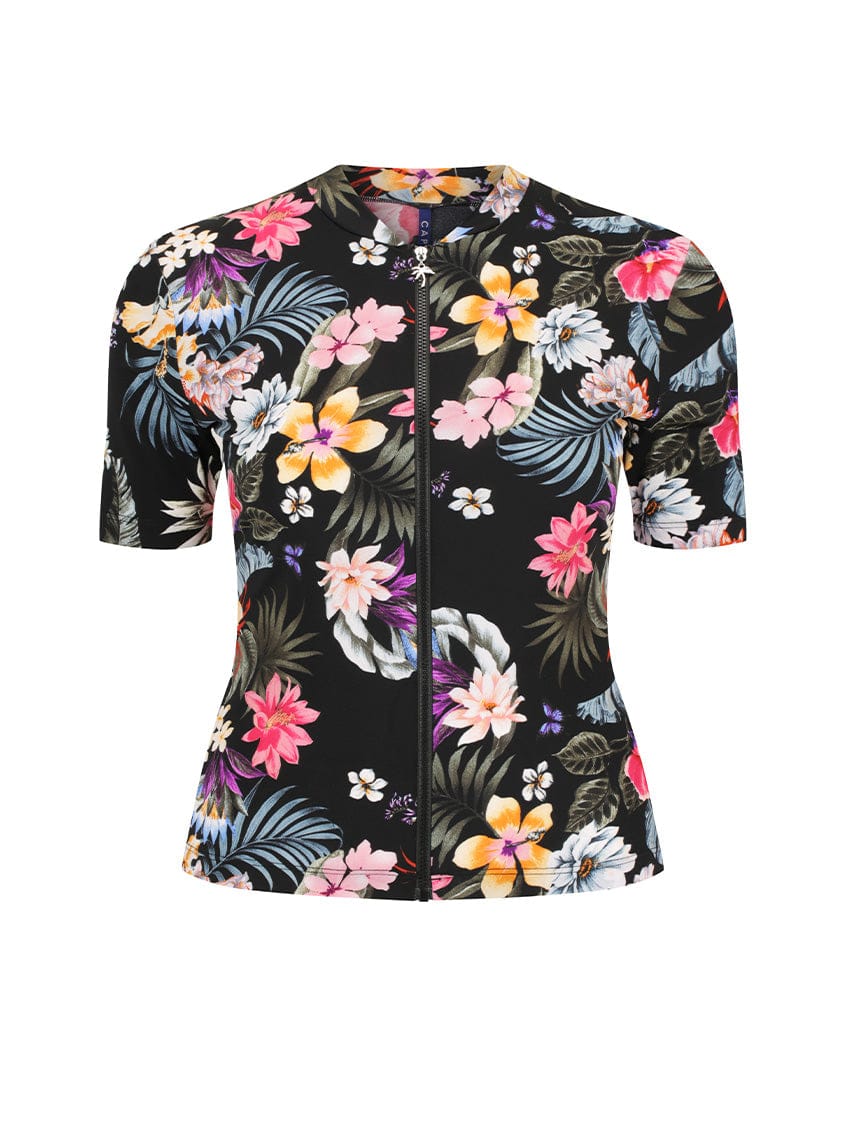 black floral short sleeve rash vest