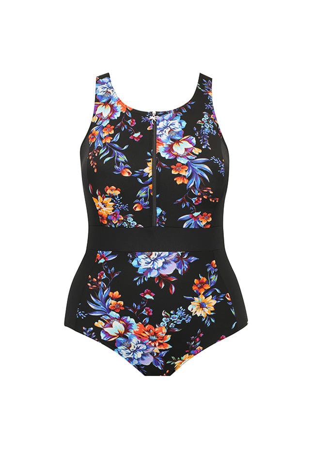 Ghost mannequin of orange and blue floral zip front one piece