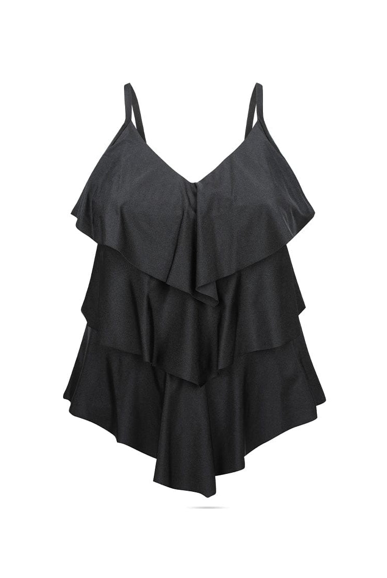 Ghost mannequin chlorine resistant black 3 tier ruffle tankini