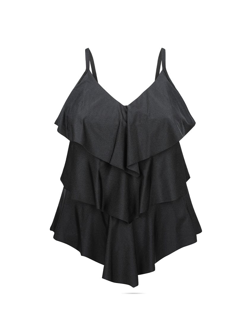 Ghost mannequin chlorine resistant black 3 tier ruffle tankini