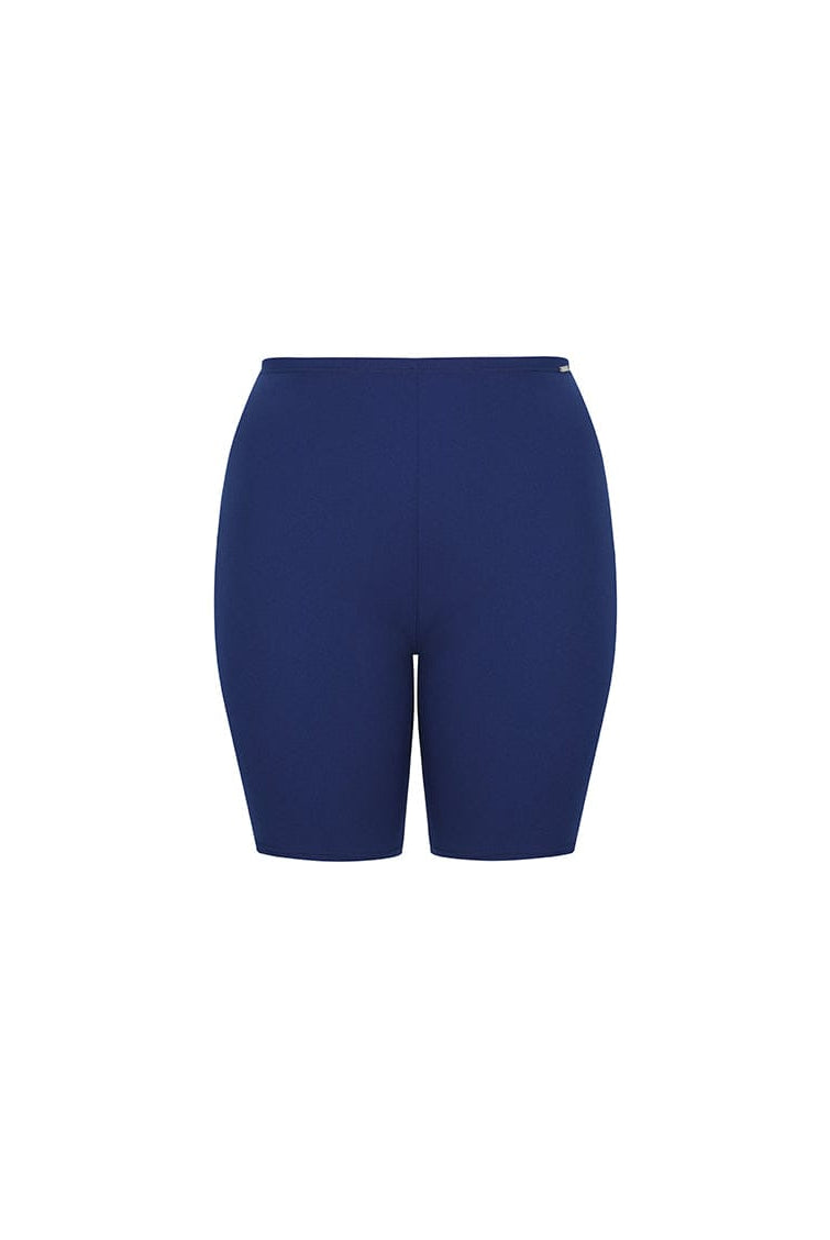 ghost mannequin image of navy blue knee length bike pant made from chlorine resistant fabric