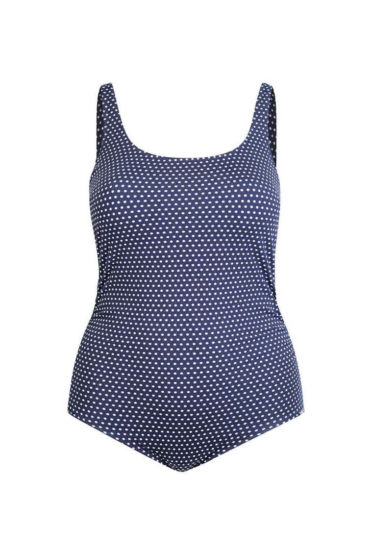 Ghost mannequin chlorine resistant navy and white dots tank one piece
