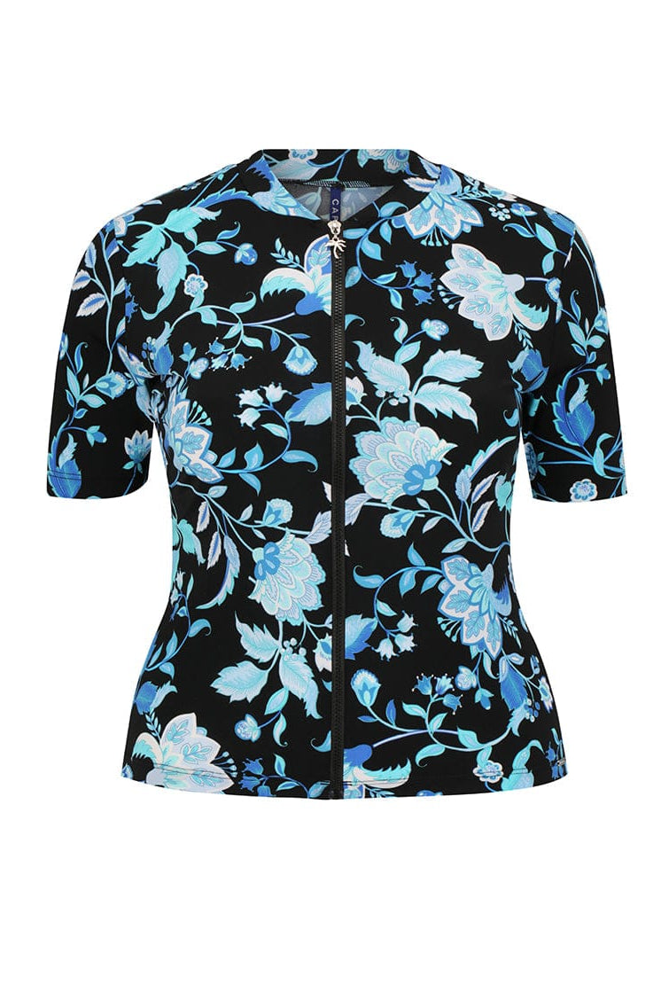 Floral patterned jacket with blue flowers on a black background