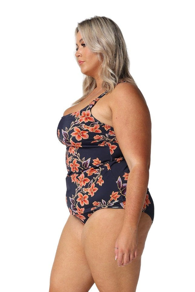Side of blonde model wearing flattering swim pant for plus size women
