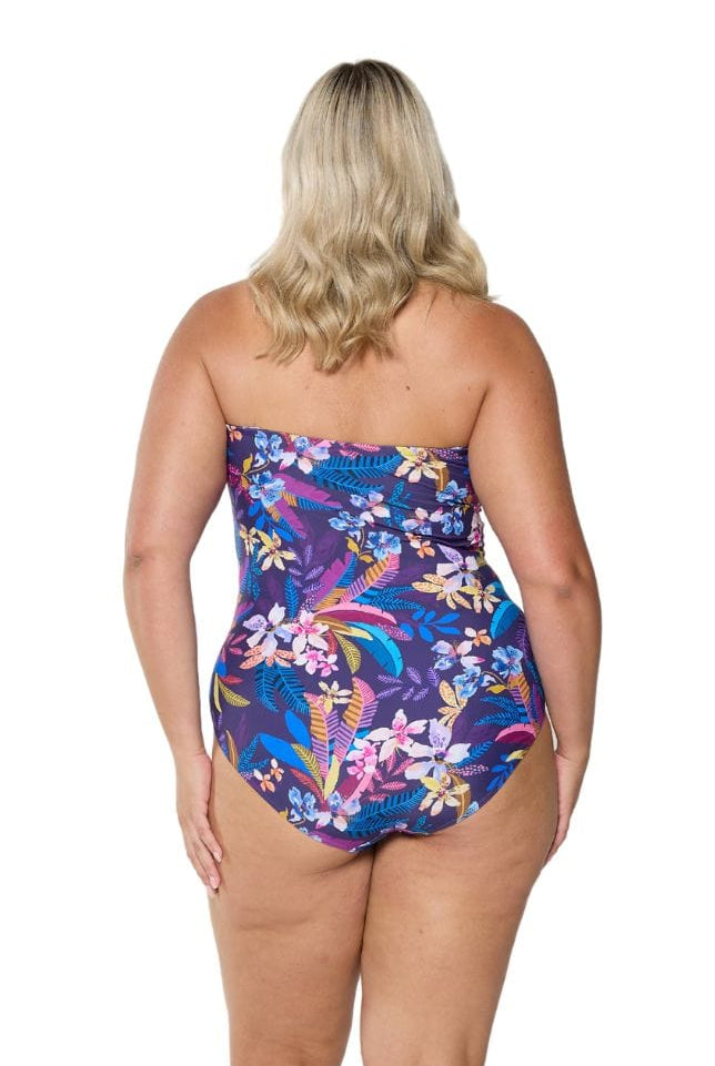 Back of model wearing plus size bandeau one piece in floral print