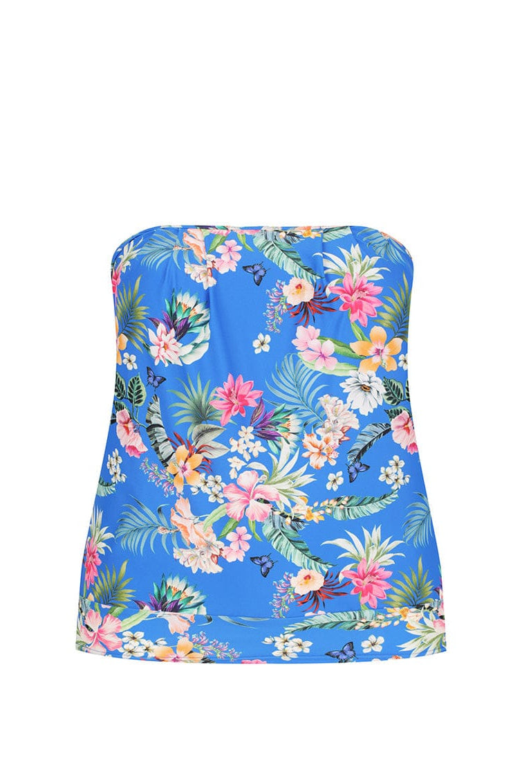 Ghost mannequin of flouncy bandeau tankini top in vibrant floral blue print