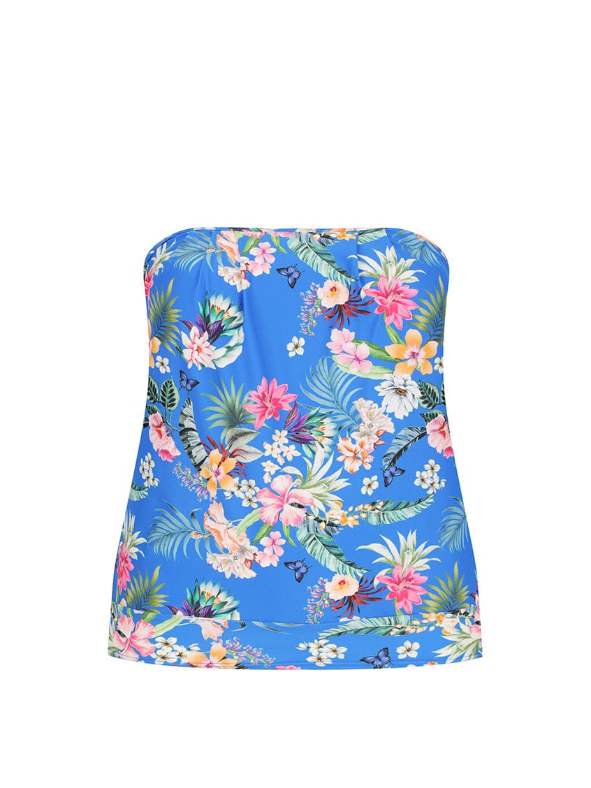 Ghost mannequin of flouncy bandeau tankini top in vibrant floral blue print