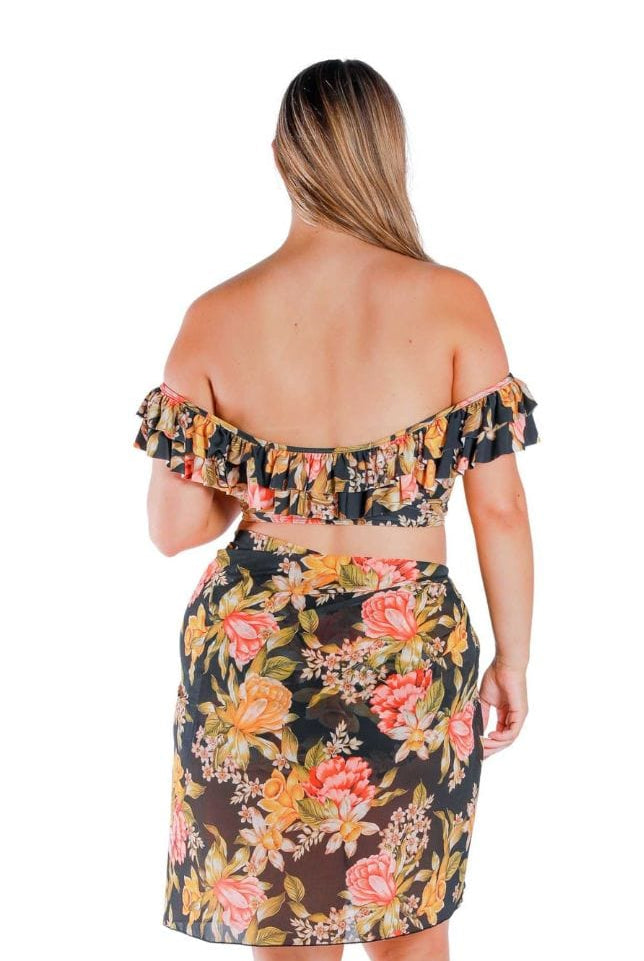 Back of curve model wearing floral mesh skirt with tie on the side Australia