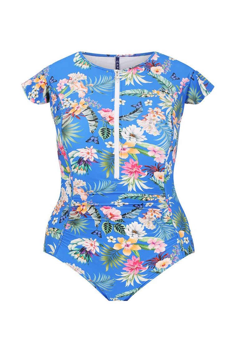 Ghost mannequin of blue floral one piece with white zip front detail