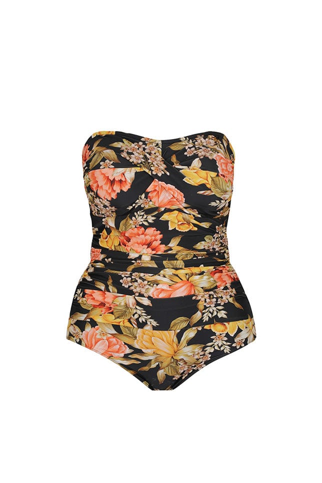 Ghost mannequin orange and yellow floral and black printed twist front bandeau one piece