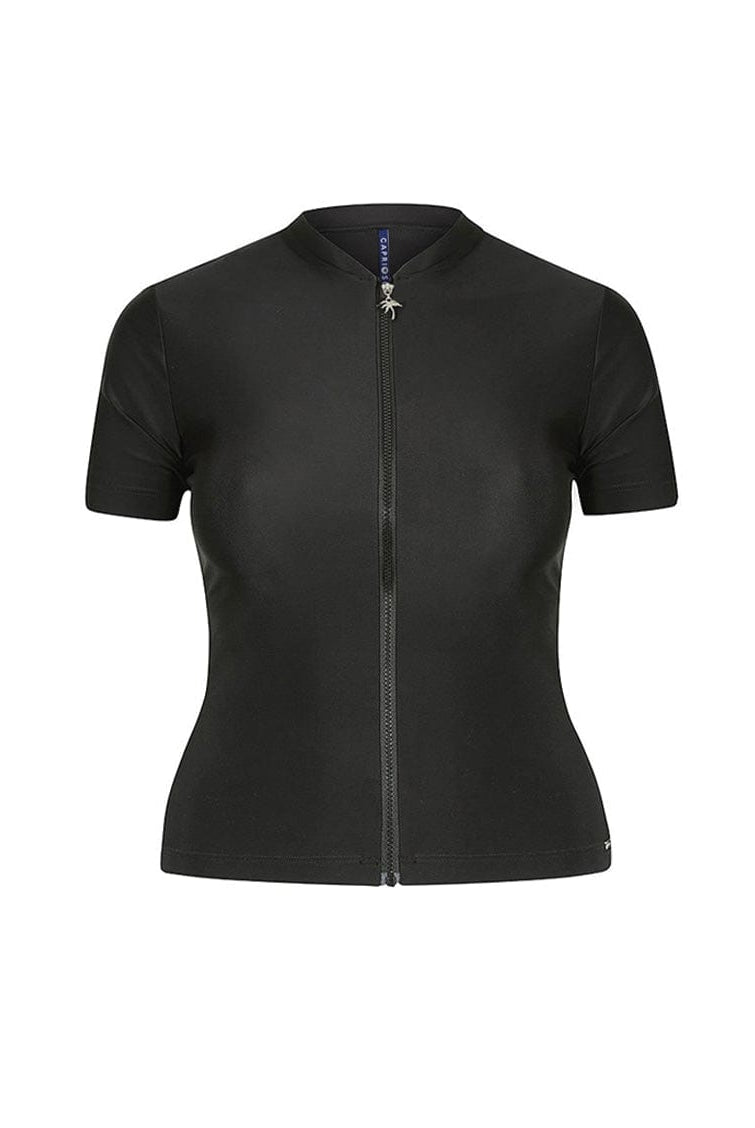ghost mannequin image of a black short sleeve rash vest with full length a zip front