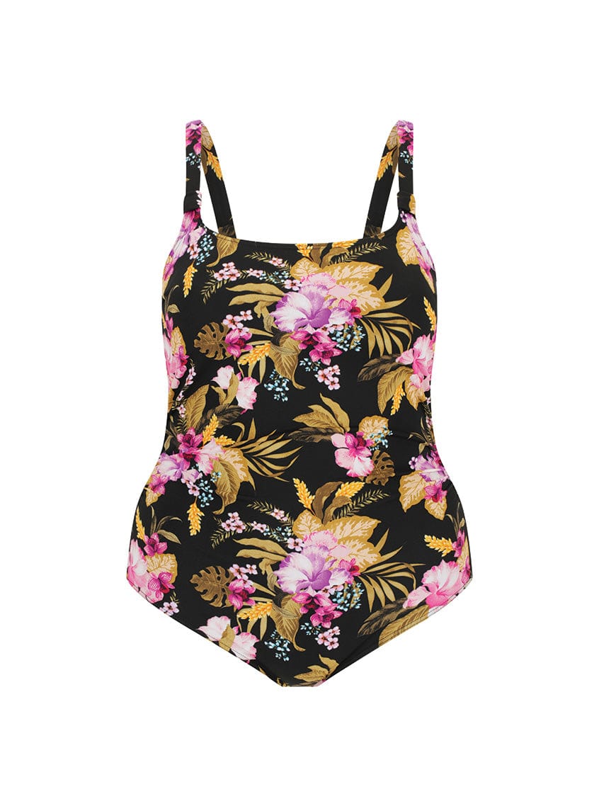 Ghost mannequin of tropical floral chlorine resistant one piece swimsuit
