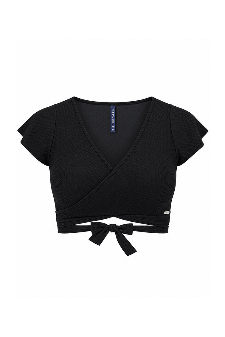 A black textured knit wrap-style crop top with short flutter sleeves and a front tie detail, shown flat on a white background.