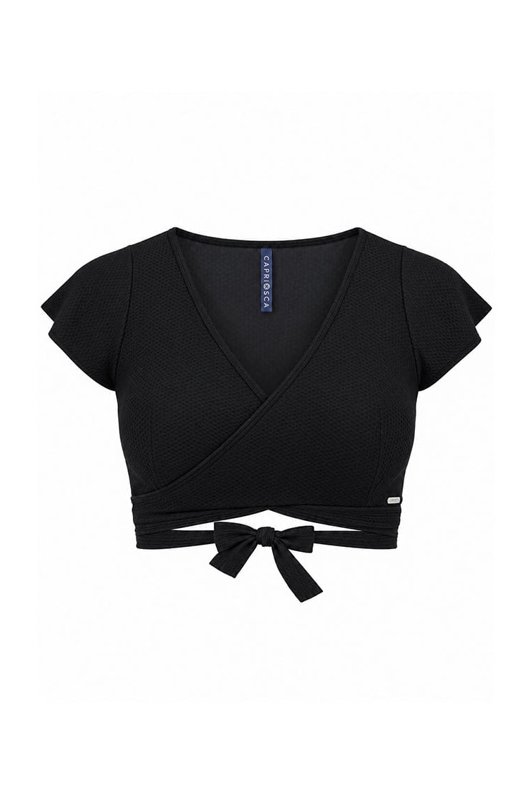 A black textured knit wrap-style crop top with short flutter sleeves and a front tie detail, shown flat on a white background.