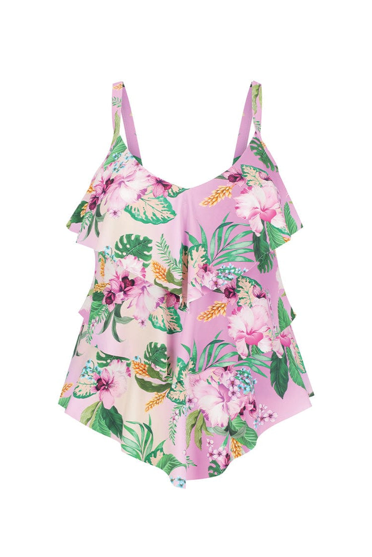 Floral swimsuit with pink and green colors on a white background
