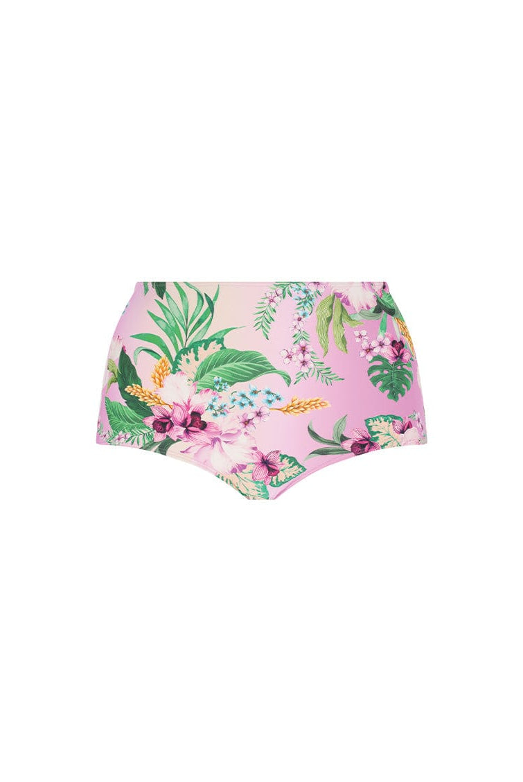 Floral-patterned high-waisted bikini bottom on a white background