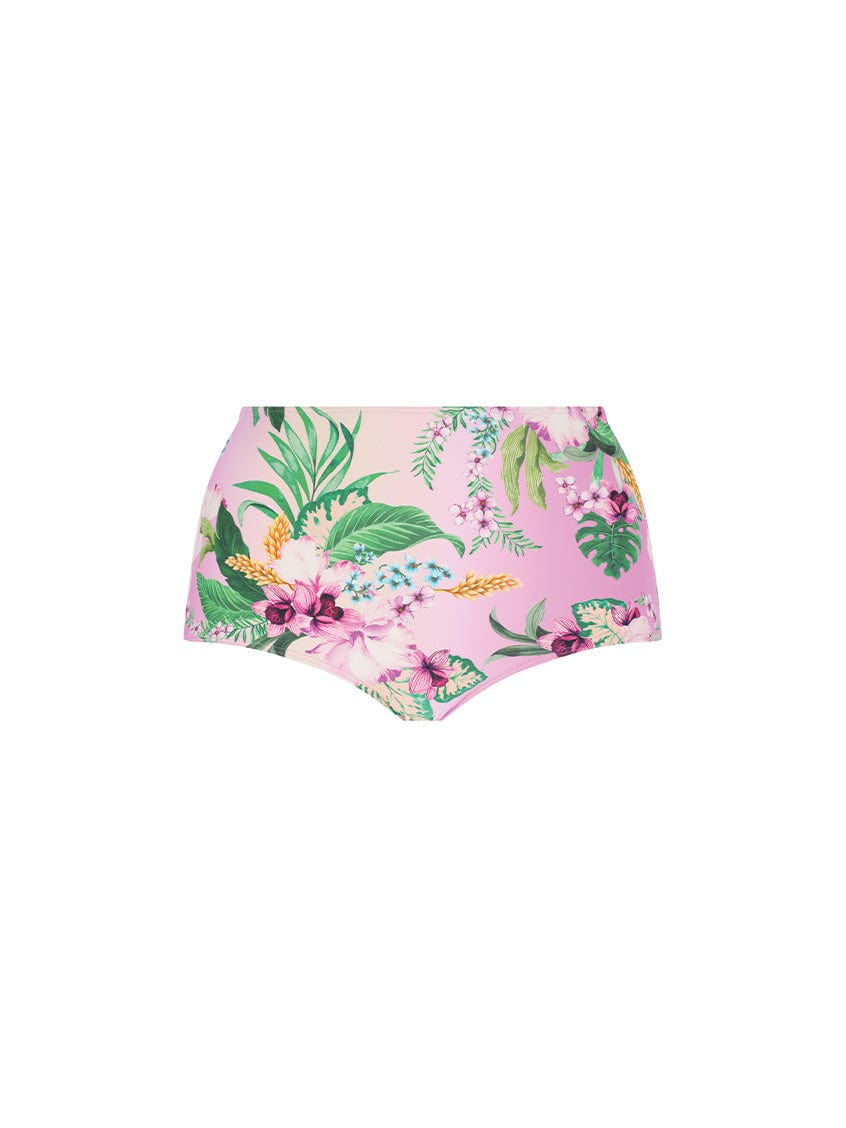 Floral-patterned high-waisted bikini bottom on a white background
