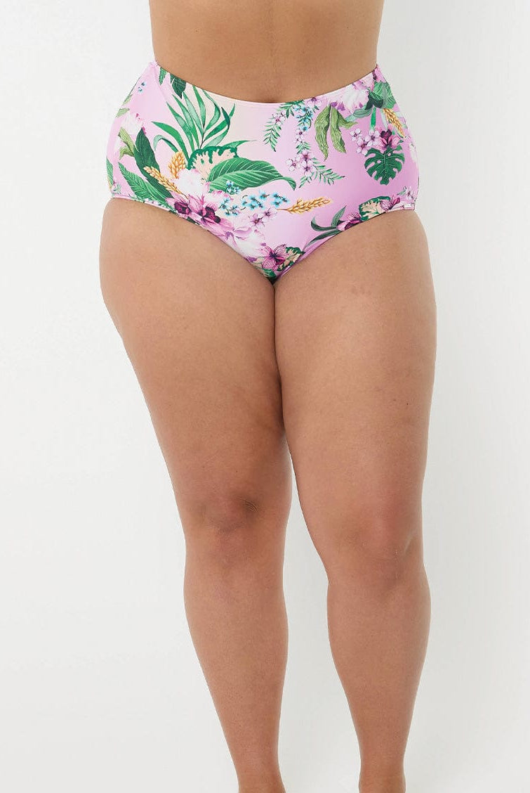 Floral high-waisted bikini bottom on a white background