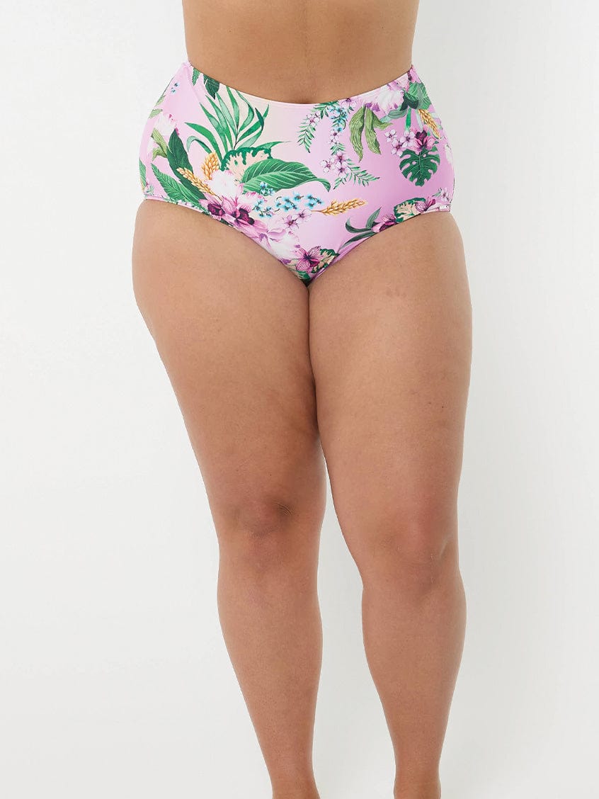 Floral high-waisted bikini bottom on a white background