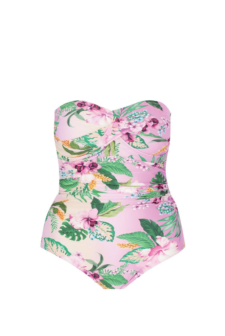 Floral-patterned strapless swimsuit on a white background