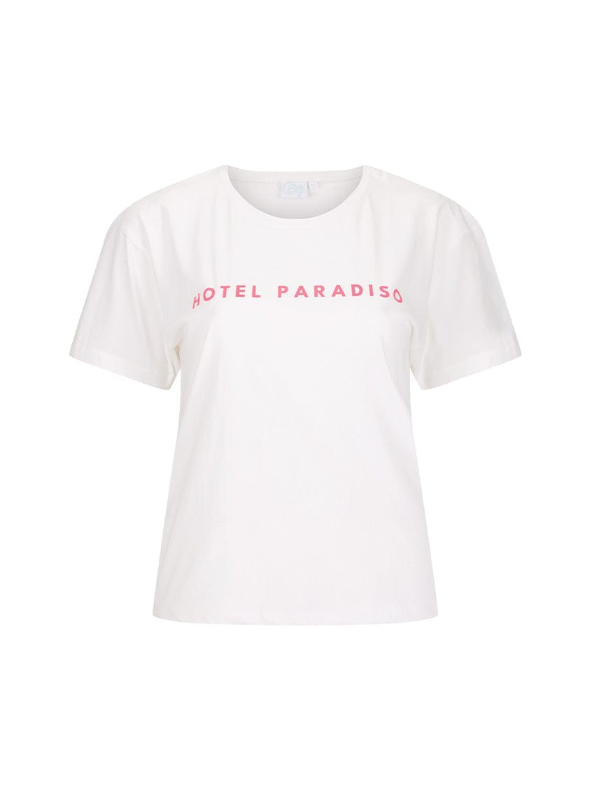 White t-shirt with 'HOTEL PARADISO' text in pink on a white background