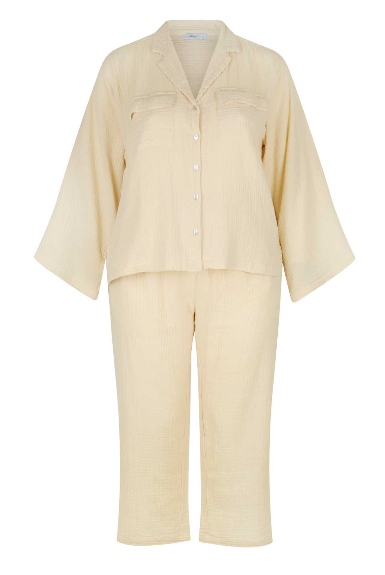 ghost mannequin of long sleeve ivory cotton crepe lounge wear set