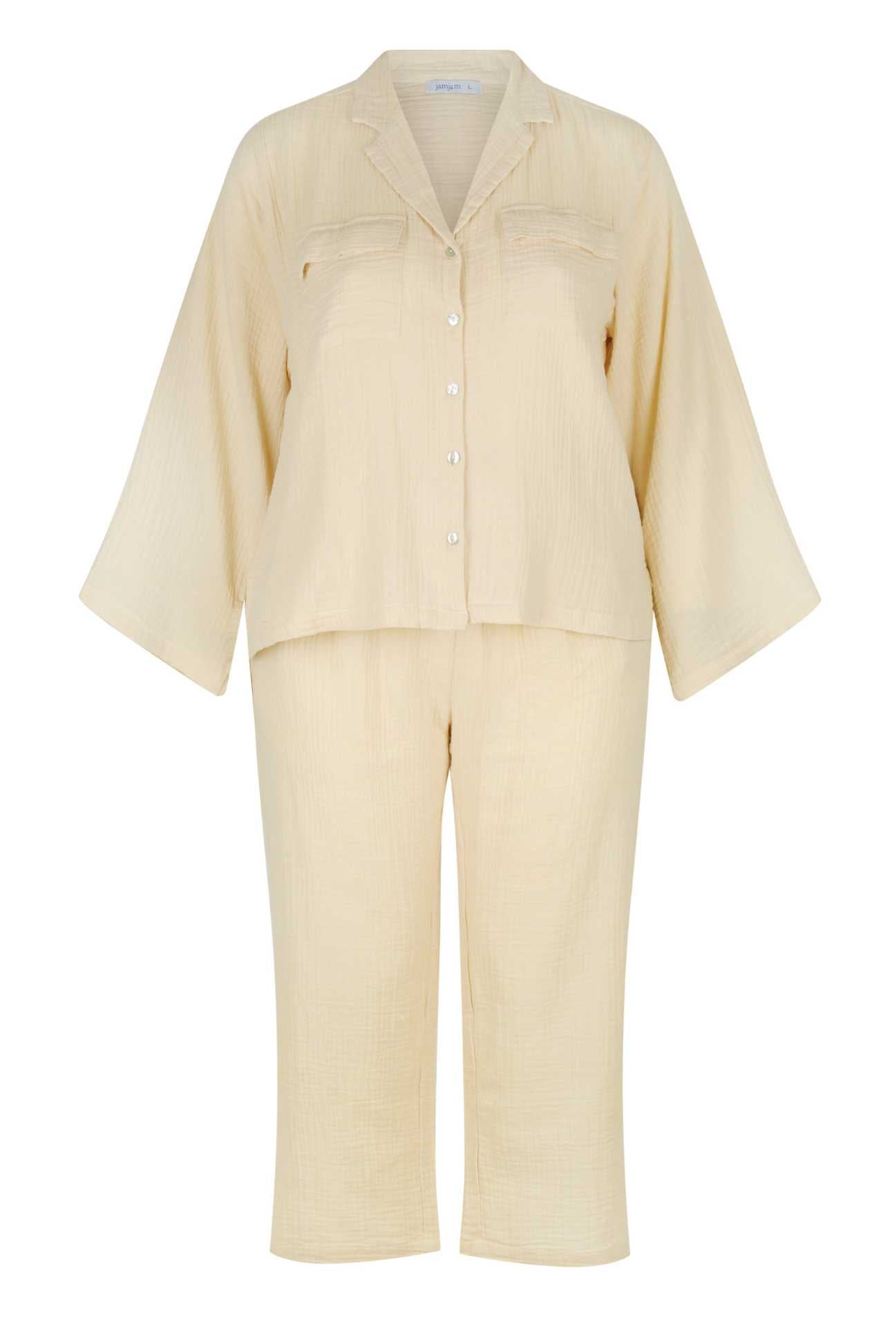 ghost mannequin of long sleeve ivory cotton crepe lounge wear set