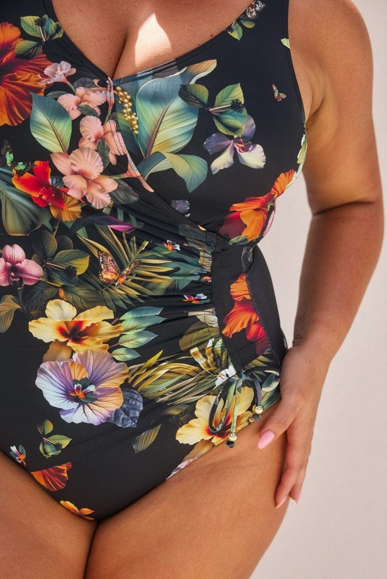 Floral swimsuit with a black background