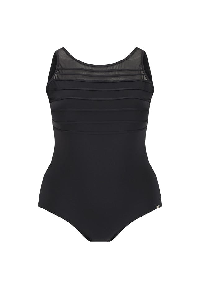 ghost mannequin black mesh high neck one piece