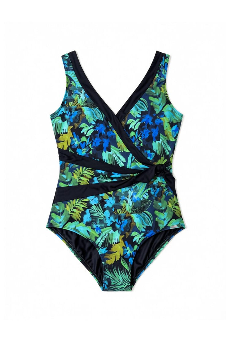 One-piece swimsuit with tropical leaf pattern on a white background