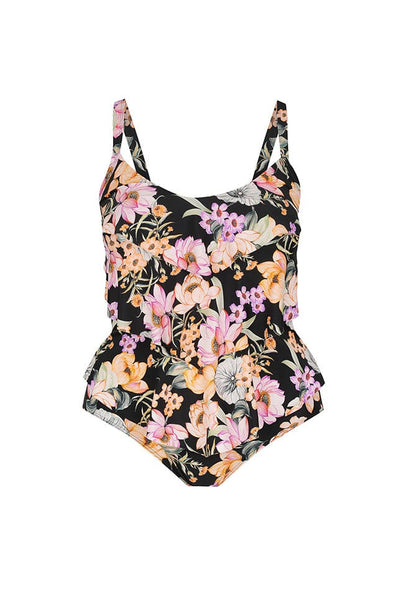 ghost mannequin image of a black based floral one piece swimsuit with v neck and ruffle front detail for great tummy hiding