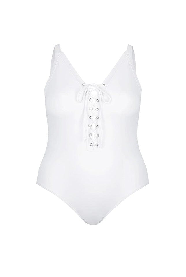 ghost mannequin image of a white v neck one piece swimsuit with tie front detail