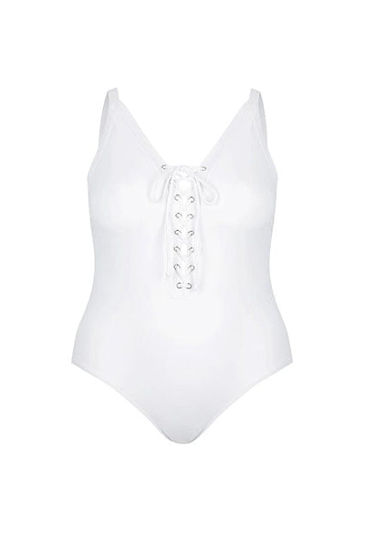 ghost mannequin image of a white v neck one piece swimsuit with tie front detail