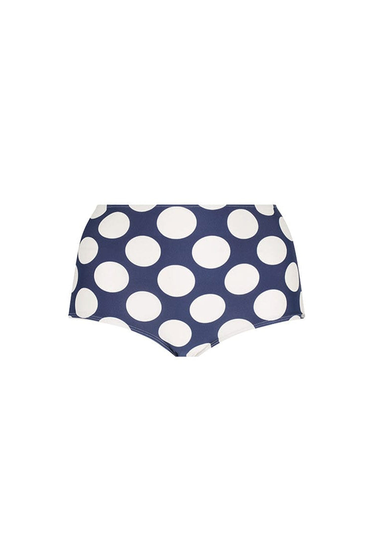 Ghost mannequin of womens tummy control swim pant in navy and large polkadot pattern