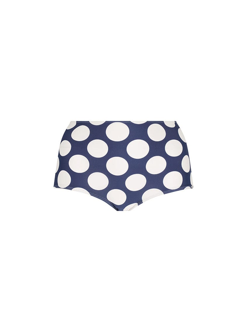 Ghost mannequin of womens tummy control swim pant in navy and large polkadot pattern