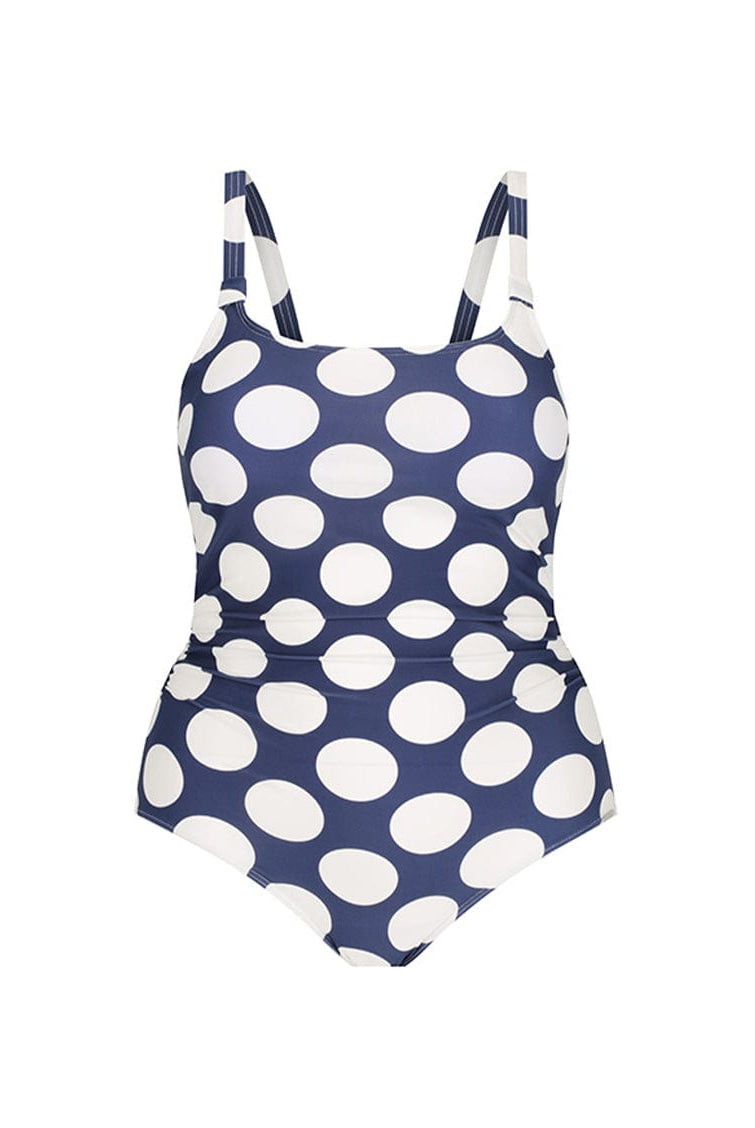 Ghost mannequin of square neck one piece in navy and large polkadot pattern