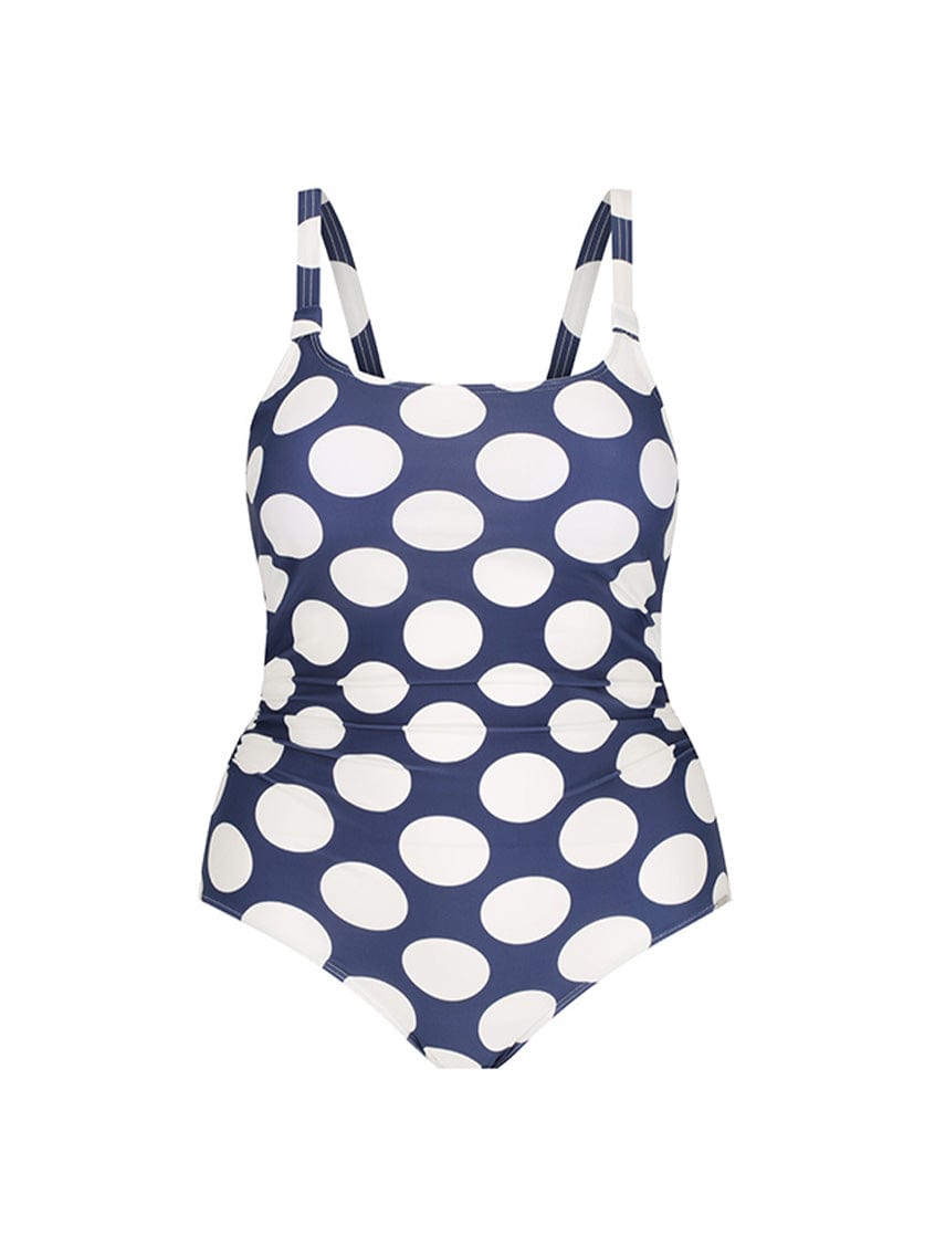 Ghost mannequin of square neck one piece in navy and large polkadot pattern