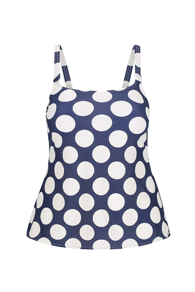 Ghost Mannequin of navy tankini top with large polkadots