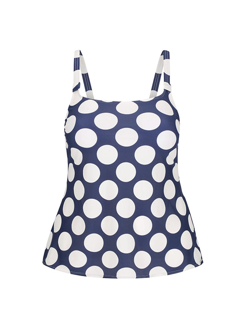 Ghost Mannequin of navy tankini top with large polkadots