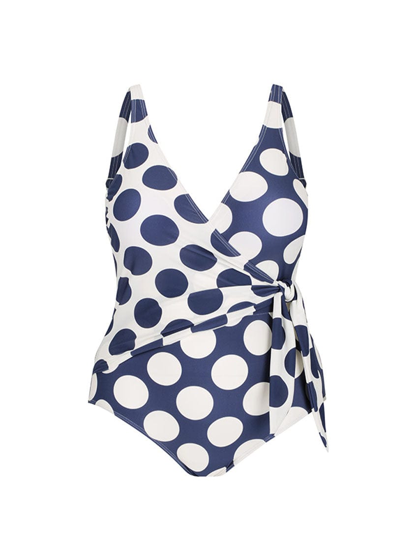 Ghost mannequin of womens large polkadot one piece with crossover detail