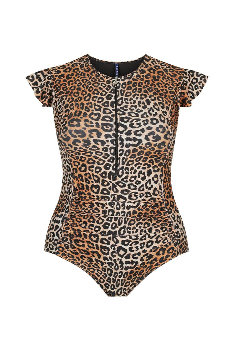Ghost Mannequin image of leopard high neck zip up one piece with frill sleeve