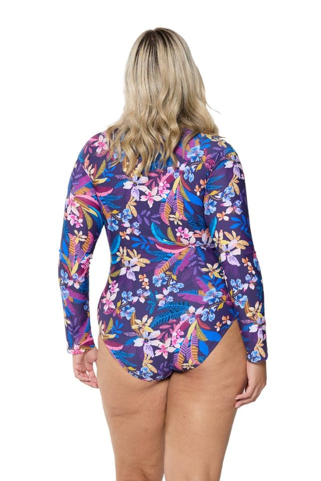 Back of curve model in studio wearing long sleeve one piece